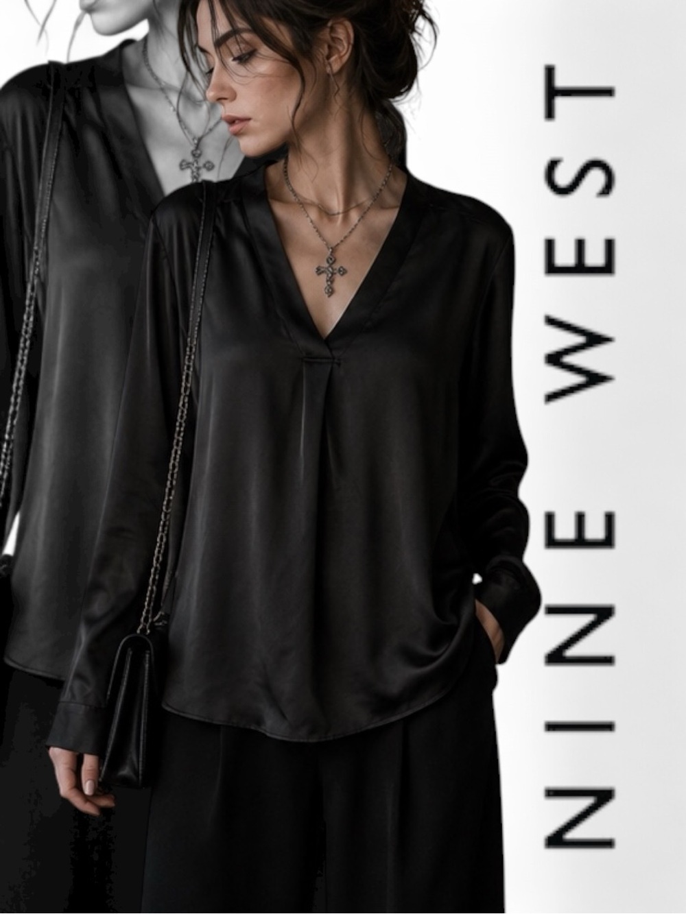 Nine West Black V-Neck Satin Blouse Dark Minimalist Silky Large